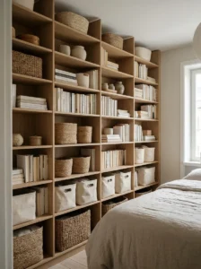 Vertical storage shelves maximizing small bedroom space