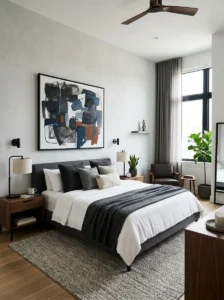 Men’s bedroom with large modern wall art creating a clean and stylish focal point