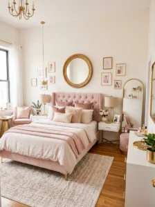 Pink and gold bedroom decor with elegant modern styling