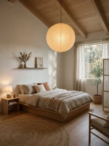 Japandi bedroom with soft paper pendant lighting and warm glow