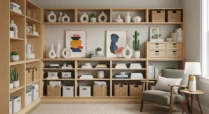 Built-in shelving maximizing storage in a guest room office combo