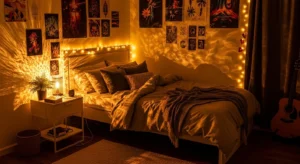 String lights creating a soft cozy vibe in a teen bedroom