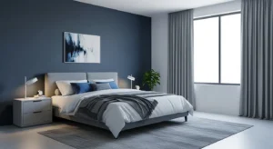 Blue and grey bedroom with a modern and peaceful look