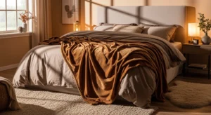 Brown throw blanket adding warmth and comfort to a bedroom