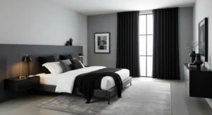 Grey and black bedroom creating a bold modern contrast