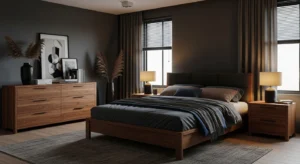 Dark tones with wood creating a warm and balanced bedroom