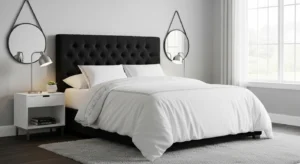 Black headboard acting as a focal point in a bedroom