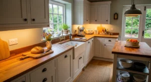 Butcher block countertops adding warmth to a farmhouse kitchen