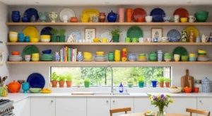 Open shelving with colorful items adding personality