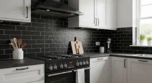 Black backsplash adding depth to a kitchen