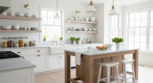 Open shelving making a white kitchen feel light and open