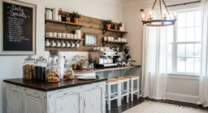 Farmhouse coffee bar creating a warm cozy atmosphere