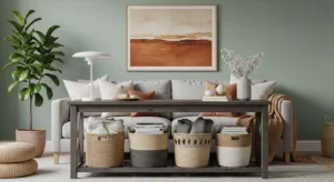 Behind sofa table with storage baskets underneath