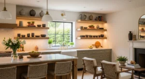 Open shelving linking kitchen and living room style