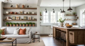 Open shelving connecting kitchen and living room style