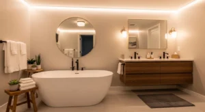 Lighting upgrade enhancing guest bathroom ambiance