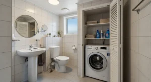 Washing machine hidden in bathroom closet
