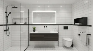 Black grout highlighting white tiles