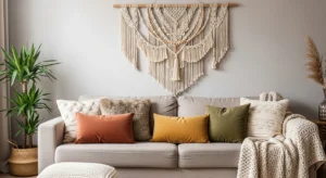 Macramé wall decor in boho living room