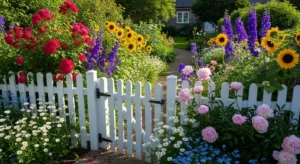 White picket fence adding classic cottage charm