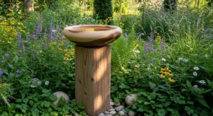 Wooden base bird bath adding warmth