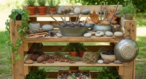 Nature-inspired mud kitchen blending with garden