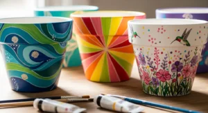 Painted pots adding personality to garden