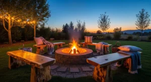 Wood seating adding warmth to fire pit