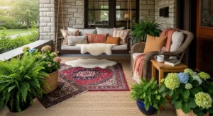Front porch with layered rugs under seating