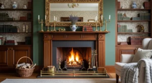 Mirror reflecting light above fireplace