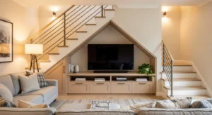 Under stairs TV unit setup in modern living room