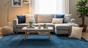 Blue area rug in living room