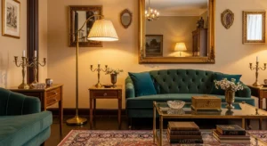 Gold accents in vintage living room adding elegance and warmth