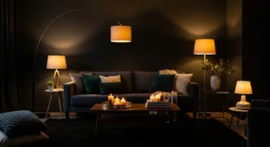 Warm lighting balancing dark tones in black living room