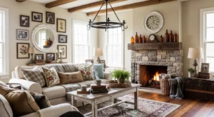 Vintage decor adding personality to farmhouse living room