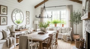 Shiplap walls adding farmhouse charm to dining space