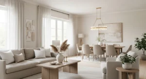 Neutral base creating cohesive living dining room design