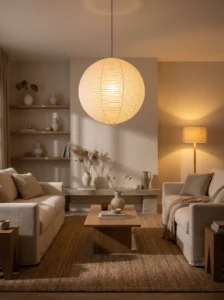 Japandi living room with soft minimal lighting and warm ambiance
