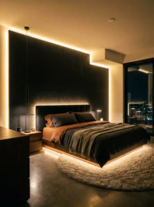 Black accent wall bedroom with LED lighting creating a cozy glow