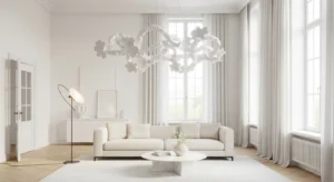 White living room with statement lighting and minimal décor.