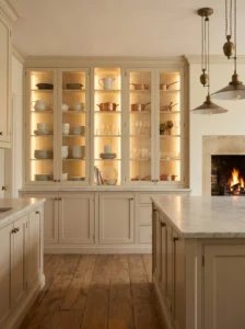 Kitchen with glass-front cabinets displaying dishes and decorative items