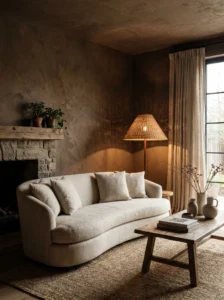 Textured brown wall living room with soft lighting and cozy modern decor