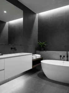 Charcoal grey bathroom with modern minimalist design and clean lines