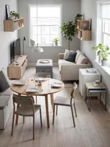 Multi-functional furniture in small living room dining combo space