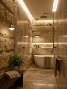 Natural stone shower design with marble texture and warm spa aesthetic