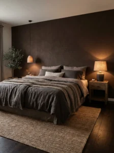Chocolate brown and linen bedroom with cozy moody aesthetic