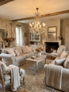 vintage lighting chandelier French country living room cozy vibe