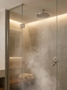 Rainfall showerhead in modern walk-in shower with relaxing spa vibe