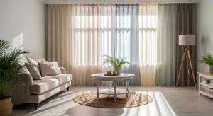 Colorful curtains adding softness and brightness to a living room