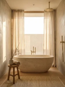 Freestanding bathtub in modern luxury bathroom with natural light